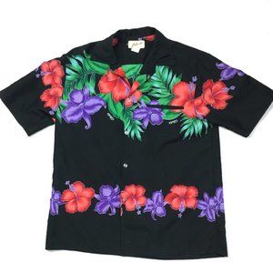 VTG Helena's Black Floral Camp Collar Aloha Shirt